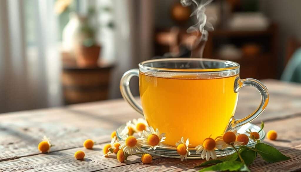A calming scene of a steaming cup of chamomile tea set on a weathered wooden table. The tea's golden hue shines in soft, natural lighting, steam gently rising. Dried chamomile flowers and leaves are scattered around the cup, their delicate petals and lush green tones adding a soothing, herbal touch. The background is a blurred, cozy interior, hinting at a peaceful, intimate atmosphere perfect for enjoying this calming herbal infusion.