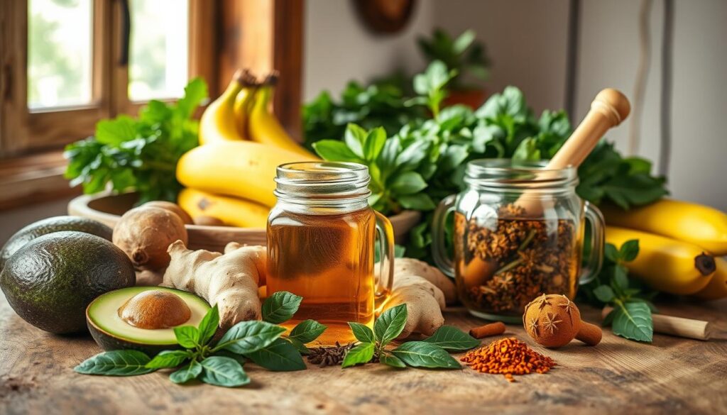 A rustic still life showcasing a variety of natural headache relief foods. In the foreground, a wooden table displays an assortment of fresh fruits and vegetables, including avocados, bananas, ginger, and leafy greens. The middle ground features a glass jar filled with soothing herbal tea, accompanied by a mortar and pestle grinding aromatic spices. In the background, natural light streams in through a window, casting a warm, calming glow over the scene. The overall composition evokes a sense of simplicity and the restorative power of nature's bounty.
