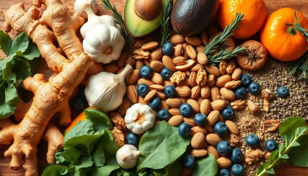 A vibrant still life scene of an assortment of anti-inflammatory superfoods, shot from an overhead perspective with warm, natural lighting. In the foreground, an array of fresh ginger, turmeric roots, and garlic cloves, complemented by green leafy kale, spinach, and a scattering of blueberries. In the middle ground, a variety of nuts and seeds such as walnuts, almonds, and chia, arranged harmoniously. The background features ripe avocados, oranges, and a few stalks of fresh rosemary, creating a cohesive, nourishing composition that evokes the essence of natural headache relief.