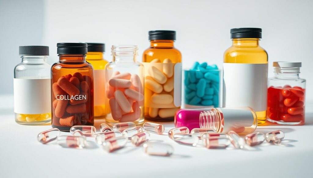 A beautifully lit close-up shot of a variety of collagen supplement bottles and capsules arranged on a pristine white background. The bottles and capsules are made of clear glass or transparent plastic, allowing the vibrant colors of the supplements to shine through. The lighting is soft and diffused, creating gentle shadows and highlighting the intricate textures and shapes of the products. The overall composition is visually striking and draws the viewer's attention to the quality and purity of the collagen supplements, conveying a sense of health, wellness, and natural beauty.