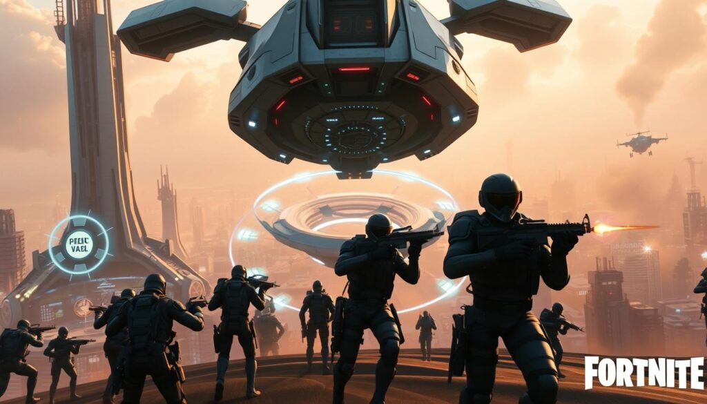 A bustling Fortnite landing zone in 2025, with towering futuristic structures and advanced technology. In the foreground, a squad of players armed with sleek, high-tech weapons and gear expertly disembarking from a state-of-the-art dropship. In the middle ground, a swirling vortex of energy shields and force fields, providing tactical cover and mobility. The background showcases a sprawling, hyper-realistic cityscape, bathed in warm, cinematic lighting and hazy atmospheric effects, creating a sense of depth and immersion. The scene conveys a thrilling, competitive atmosphere, hinting at the intense early-game strategies and decisive plays that will unfold. A bustling Fortnite landing zone in 2025, with towering futuristic structures and advanced technology. In the foreground, a squad of players armed with sleek, high-tech weapons and gear expertly disembarking from a state-of-the-art dropship. In the middle ground, a swirling vortex of energy shields and force fields, providing tactical cover and mobility. The background showcases a sprawling, hyper-realistic cityscape, bathed in warm, cinematic lighting and hazy atmospheric effects, creating a sense of depth and immersion. The scene conveys a thrilling, competitive atmosphere, hinting at the intense early-game strategies and decisive plays that will unfold.