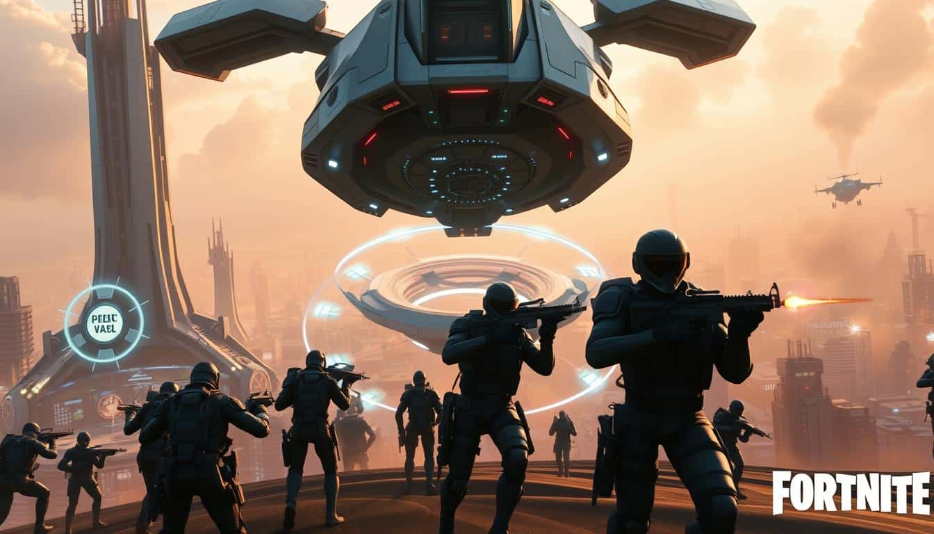 A bustling Fortnite landing zone in 2025, with towering futuristic structures and advanced technology. In the foreground, a squad of players armed with sleek, high-tech weapons and gear expertly disembarking from a state-of-the-art dropship. In the middle ground, a swirling vortex of energy shields and force fields, providing tactical cover and mobility. The background showcases a sprawling, hyper-realistic cityscape, bathed in warm, cinematic lighting and hazy atmospheric effects, creating a sense of depth and immersion. The scene conveys a thrilling, competitive atmosphere, hinting at the intense early-game strategies and decisive plays that will unfold.