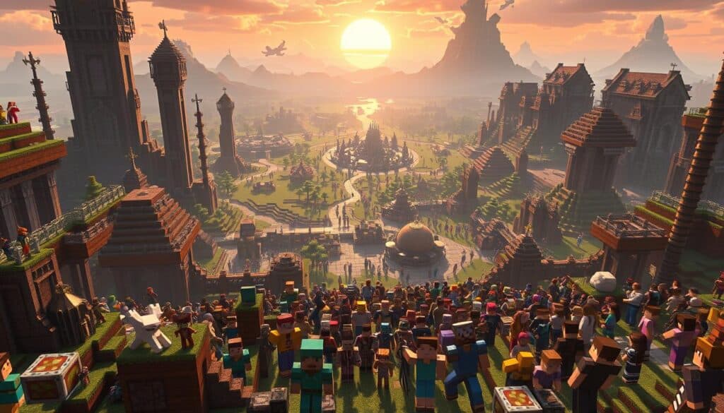 A bustling Minecraft server in 2025, filled with towering structures and bustling activity. In the foreground, players collaborate on intricate builds, their avatars animated with dynamic movement. The middle ground showcases a diverse community, with themed zones and specialized hubs for various gameplay modes. In the background, a sweeping landscape of lush biomes and awe-inspiring terrain, illuminated by a warm, golden sunset glow. The scene conveys a sense of wonder, teamwork, and the evolution of the Minecraft multiplayer experience. A bustling Minecraft server in 2025, filled with towering structures and bustling activity. In the foreground, players collaborate on intricate builds, their avatars animated with dynamic movement. The middle ground showcases a diverse community, with themed zones and specialized hubs for various gameplay modes. In the background, a sweeping landscape of lush biomes and awe-inspiring terrain, illuminated by a warm, golden sunset glow. The scene conveys a sense of wonder, teamwork, and the evolution of the Minecraft multiplayer experience.