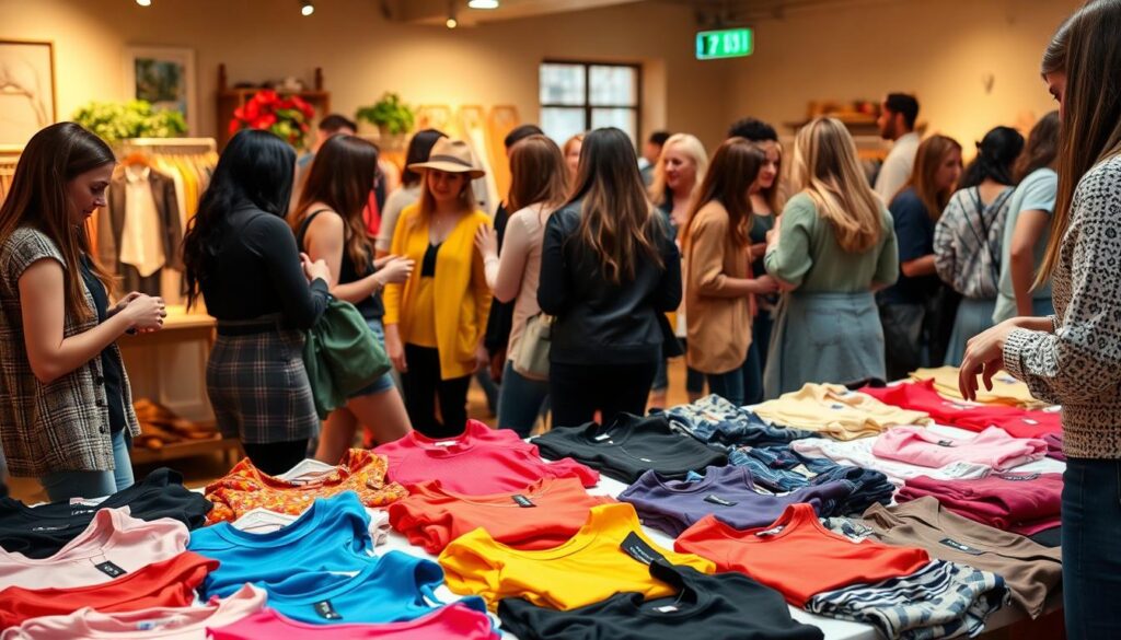 A bustling peer-to-peer clothing swap event, with a group of fashion-forward individuals exchanging pre-loved Shein items. The foreground features a display of vibrant, trendy garments laid out on a large table, each with a unique style and flair. In the middle ground, shoppers excitedly browse the selection, trying on pieces and swapping favorites. The background showcases a warm, well-lit space with a cozy, community-driven atmosphere, encouraging a sense of camaraderie and sustainability. The image conveys a lively, collaborative exchange of Shein fashion, promoting the concept of a free, circular wardrobe. A bustling peer-to-peer clothing swap event, with a group of fashion-forward individuals exchanging pre-loved Shein items. The foreground features a display of vibrant, trendy garments laid out on a large table, each with a unique style and flair. In the middle ground, shoppers excitedly browse the selection, trying on pieces and swapping favorites. The background showcases a warm, well-lit space with a cozy, community-driven atmosphere, encouraging a sense of camaraderie and sustainability. The image conveys a lively, collaborative exchange of Shein fashion, promoting the concept of a free, circular wardrobe.