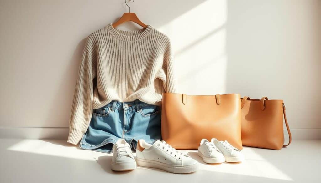 A carefully curated collection of minimalist Shein fashion items, arranged in a cohesive still-life composition. The foreground features a neutral-toned sweater, denim shorts, and a pair of simple sneakers, showcasing the versatility of basic wardrobe essentials. In the middle ground, a sleek leather tote and a delicate necklace add subtle accents, while the background is adorned with a plain white wall, allowing the focus to remain on the unadorned garments. Soft, diffused lighting casts a warm glow, creating a sense of effortless style and understated elegance. The overall mood evokes a sense of understated sophistication, highlighting the value of building a wardrobe with versatile, style-free Shein pieces.