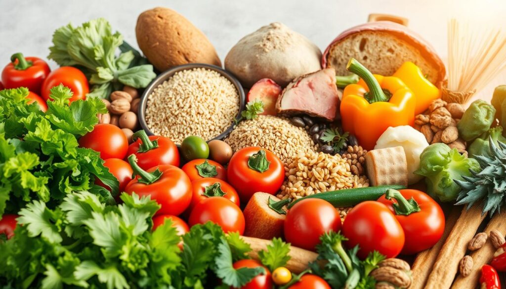 A delightful assortment of whole foods associated with the DASH diet, captured in a vibrant still life. In the foreground, a variety of crisp vegetables, such as leafy greens, tomatoes, and bell peppers, are artfully arranged. In the middle ground, an array of hearty whole grains, including quinoa, brown rice, and whole wheat bread, suggest the diet's emphasis on complex carbohydrates. The background features a selection of healthy protein sources, like legumes, nuts, and lean meats, all bathed in warm, natural lighting that enhances the rich colors and textures of the scene. The overall composition conveys the balanced, nutritious approach of the DASH diet, providing a visually appealing representation of the research-backed dietary recommendations for heart health.