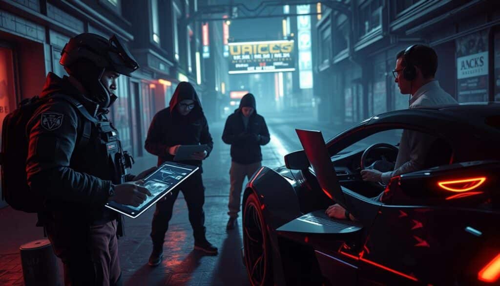 A dimly lit, futuristic urban setting in 2025, featuring a group of seasoned GTA heist crew members assembling for their latest score. In the foreground, the team leader, clad in tactical gear, reviews a holographic display of the heist plan. In the middle ground, the demolitions expert inspects high-tech explosives while the hacker taps away at a sleek, cutting-edge laptop. In the background, the getaway driver revs the engine of a heavily modified, neon-accented sports car, ready to make their escape. The scene is bathed in a moody, neon-tinged lighting, creating an atmosphere of high-stakes, near-future criminal enterprise. A dimly lit, futuristic urban setting in 2025, featuring a group of seasoned GTA heist crew members assembling for their latest score. In the foreground, the team leader, clad in tactical gear, reviews a holographic display of the heist plan. In the middle ground, the demolitions expert inspects high-tech explosives while the hacker taps away at a sleek, cutting-edge laptop. In the background, the getaway driver revs the engine of a heavily modified, neon-accented sports car, ready to make their escape. The scene is bathed in a moody, neon-tinged lighting, creating an atmosphere of high-stakes, near-future criminal enterprise.
