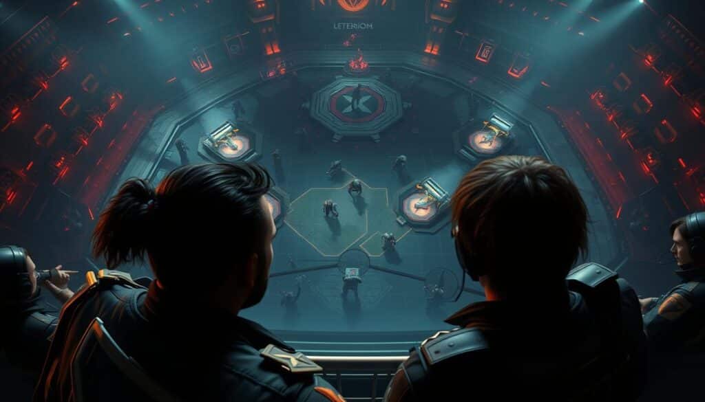 A high-stakes League of Legends match unfolds, players immersed in tactical decision-making. In the foreground, a champion faces a critical juncture, considering their next move with intense focus. Teammates flank the sides, coordinating their strategies through body language and subtle cues. In the middle ground, the map lays out a complex terrain, objective markers glimmering with importance. The background is a moody, neon-tinged arena, shadows casting dramatic highlights across the scene. Overhead, a cinematic camera angle captures the intensity of the moment, the weight of each choice palpable. The lighting is dynamic, shifting between warm and cool tones to heighten the drama. This is in-game decision-making at its finest - a mental chess match where split-second choices can make or break a team's fortunes. A high-stakes League of Legends match unfolds, players immersed in tactical decision-making. In the foreground, a champion faces a critical juncture, considering their next move with intense focus. Teammates flank the sides, coordinating their strategies through body language and subtle cues. In the middle ground, the map lays out a complex terrain, objective markers glimmering with importance. The background is a moody, neon-tinged arena, shadows casting dramatic highlights across the scene. Overhead, a cinematic camera angle captures the intensity of the moment, the weight of each choice palpable. The lighting is dynamic, shifting between warm and cool tones to heighten the drama. This is in-game decision-making at its finest - a mental chess match where split-second choices can make or break a team's fortunes.