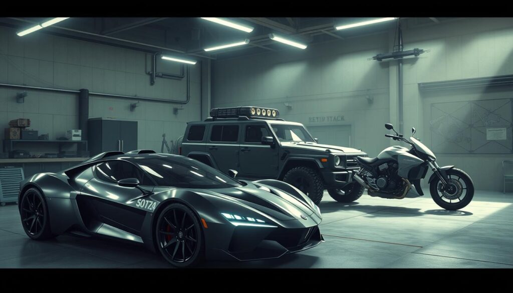 A high-tech garage in 2025 GTA, featuring an array of cutting-edge heist vehicles. In the foreground, a sleek, autonomous getaway car with advanced surveillance and countermeasure systems. In the middle, a heavily armored, heavily modified SUV with bulletproof plating and remote-controlled turrets. In the background, a futuristic hovering motorcycle with a cloaking device and electromagnetic pulse capabilities. Bright, theatrical lighting illuminates the scene, creating a sense of excitement and anticipation. The vehicles are photographed from a low, dynamic angle, emphasizing their powerful, imposing presence. An atmosphere of high-stakes, technological sophistication pervades the image. A high-tech garage in 2025 GTA, featuring an array of cutting-edge heist vehicles. In the foreground, a sleek, autonomous getaway car with advanced surveillance and countermeasure systems. In the middle, a heavily armored, heavily modified SUV with bulletproof plating and remote-controlled turrets. In the background, a futuristic hovering motorcycle with a cloaking device and electromagnetic pulse capabilities. Bright, theatrical lighting illuminates the scene, creating a sense of excitement and anticipation. The vehicles are photographed from a low, dynamic angle, emphasizing their powerful, imposing presence. An atmosphere of high-stakes, technological sophistication pervades the image.