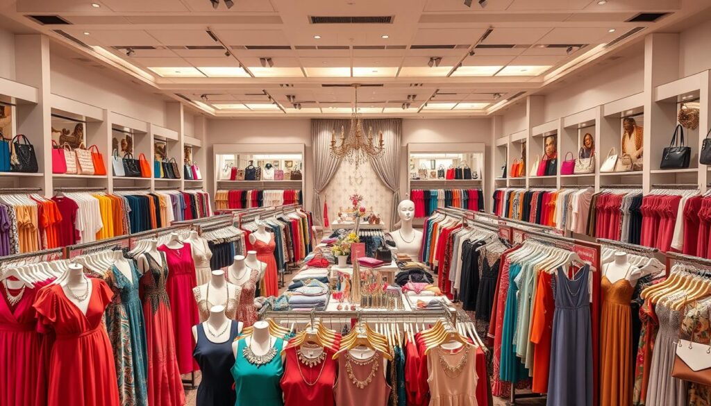 A large, well-lit showroom filled with an extensive array of Shein's diverse fashion offerings. In the foreground, a visually captivating display of dresses, tops, and bottoms in a vibrant color palette. The middle ground showcases a variety of accessories, from statement jewelry to trendy handbags, all arranged harmoniously. In the background, an elegant backdrop of flowing fabrics and minimalist decor, creating a sense of luxury and sophistication. The lighting is warm and inviting, highlighting the high-quality textures and intricate details of the products. The overall scene conveys a sense of abundance, offering a glimpse into the breadth and depth of Shein's product range, catering to every wardrobe need.