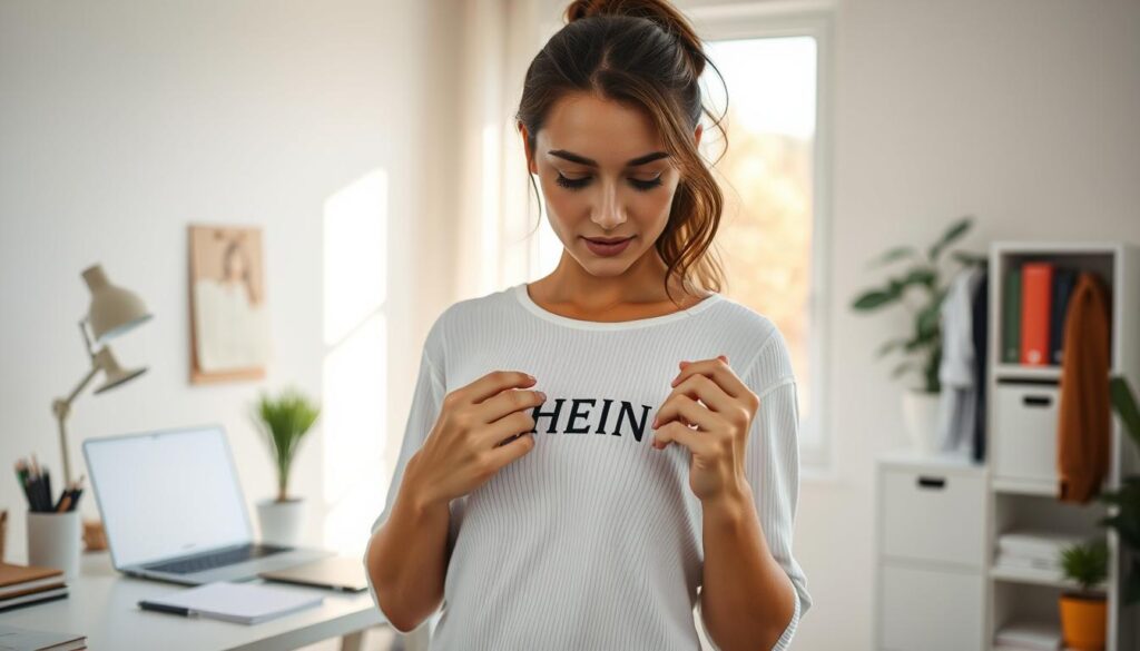 A modern, minimalist home office setting with a white desk, a laptop, and various office supplies. In the foreground, a young woman carefully examining a SHEIN product, intently studying the fabric, stitching, and overall quality. Soft, natural lighting from a large window bathes the scene in a warm, inviting glow. The atmosphere conveys a sense of focused, professional product testing, with the woman's expression conveying a mix of concentration and curiosity. The background features a clean, uncluttered space, emphasizing the task at hand.