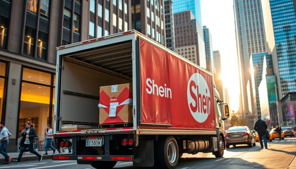 A package being carefully loaded onto a delivery truck, the Shein logo prominently displayed on the side. The truck is parked on a bustling city street, surrounded by skyscrapers and pedestrians going about their day. Warm, natural lighting casts a soft glow, highlighting the vibrant colors of the package and the efficiency of the shipping operation. The scene conveys a sense of reliable, hassle-free delivery of Shein's fashion-forward and budget-friendly offerings to customers in the United States.