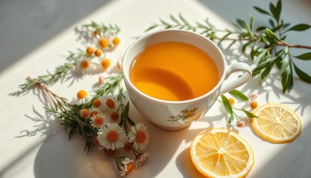 A serene, sunlit tabletop with a delicate porcelain teacup filled with fragrant, golden-amber liquid. Surrounding the cup, an assortment of botanicals - fresh sprigs of rosemary, chamomile flowers, and vibrant slices of lemon - arranged in a visually-pleasing, holistic display. The lighting is soft and diffused, casting a warm, glowing ambiance over the scene. The overall composition evokes a sense of tranquility and thoughtfulness, perfectly capturing the essence of integrating tea into a holistic skincare routine.