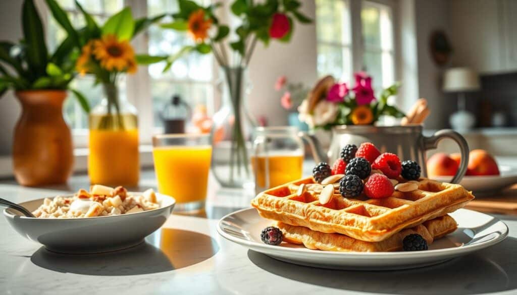 A sunny kitchen counter with a delightful spread of heart-healthy breakfast items. In the foreground, a plate showcases a fluffy whole-grain waffle topped with fresh berries, a drizzle of pure maple syrup, and a sprinkle of sliced almonds. Alongside, a bowl of creamy steel-cut oatmeal adorned with diced apples, cinnamon, and a dollop of Greek yogurt. In the middle ground, a glass of freshly squeezed orange juice and a mug of aromatic herbal tea. The background features lush leafy greens, a vase of vibrant flowers, and natural light streaming in through large windows, creating a warm, inviting atmosphere. The scene exudes a sense of nourishment, balance, and a celebration of wholesome, heart-healthy ingredients.
