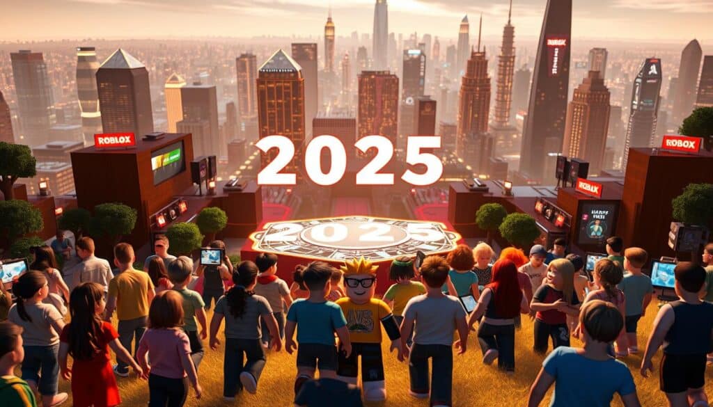 A vibrant and dynamic Roblox landscape in 2025, set against a futuristic cityscape backdrop. In the foreground, a group of diverse players, both new and experienced, engage in a variety of activities - building, exploring, and interacting with the game's cutting-edge features. The middle ground showcases the latest Roblox updates and innovations, with holographic displays, immersive environments, and intuitive user interfaces. The background depicts a sleek, neon-lit metropolis, hinting at the game's seamless integration with emerging technologies. The scene is illuminated by a warm, diffused lighting, creating a sense of wonder and excitement for the future of Roblox gaming. A vibrant and dynamic Roblox landscape in 2025, set against a futuristic cityscape backdrop. In the foreground, a group of diverse players, both new and experienced, engage in a variety of activities - building, exploring, and interacting with the game's cutting-edge features. The middle ground showcases the latest Roblox updates and innovations, with holographic displays, immersive environments, and intuitive user interfaces. The background depicts a sleek, neon-lit metropolis, hinting at the game's seamless integration with emerging technologies. The scene is illuminated by a warm, diffused lighting, creating a sense of wonder and excitement for the future of Roblox gaming.