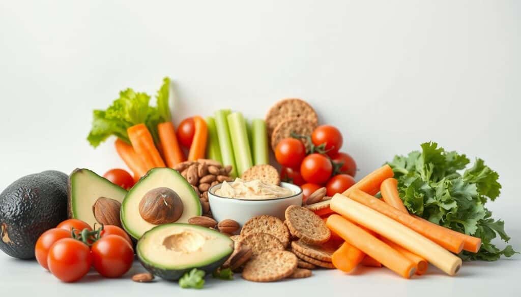A vibrant still life showcasing an array of heart-healthy snacks against a clean, minimalist backdrop. In the foreground, an assortment of fresh produce including ripe avocados, crisp celery stalks, juicy cherry tomatoes, and crunchy carrot sticks. The middle ground features a handful of roasted almonds, a small bowl of hummus, and slices of whole-grain crackers. Soft, diffused lighting accentuates the natural textures and vibrant colors, creating a calming, appetizing atmosphere. The overall composition emphasizes the nutritious, blood pressure-supporting qualities of these easy-to-prepare, on-the-go snacks.