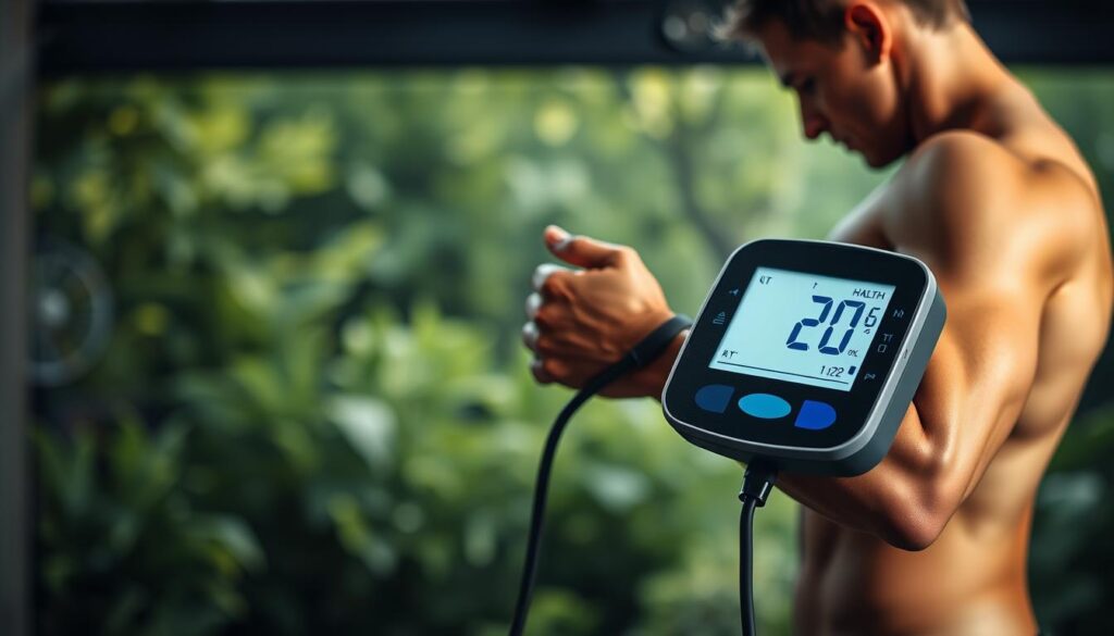 A well-lit, high-contrast scene depicting the beneficial relationship between exercise and blood pressure. In the foreground, a person performing a vigorous workout, their muscles straining as they push through a set of resistance exercises. In the middle ground, a digital blood pressure monitor displaying a healthy reading, emphasizing the immediate impact of physical activity on cardiovascular health. The background features a serene, nature-inspired setting, with lush greenery and a calming, diffused lighting that conveys the overall sense of wellness and balance. The composition and lighting are carefully crafted to highlight the harmony between the active body and the stabilized blood pressure, reflecting the "Lifestyle Factors That Complement a Heart-Healthy Diet."