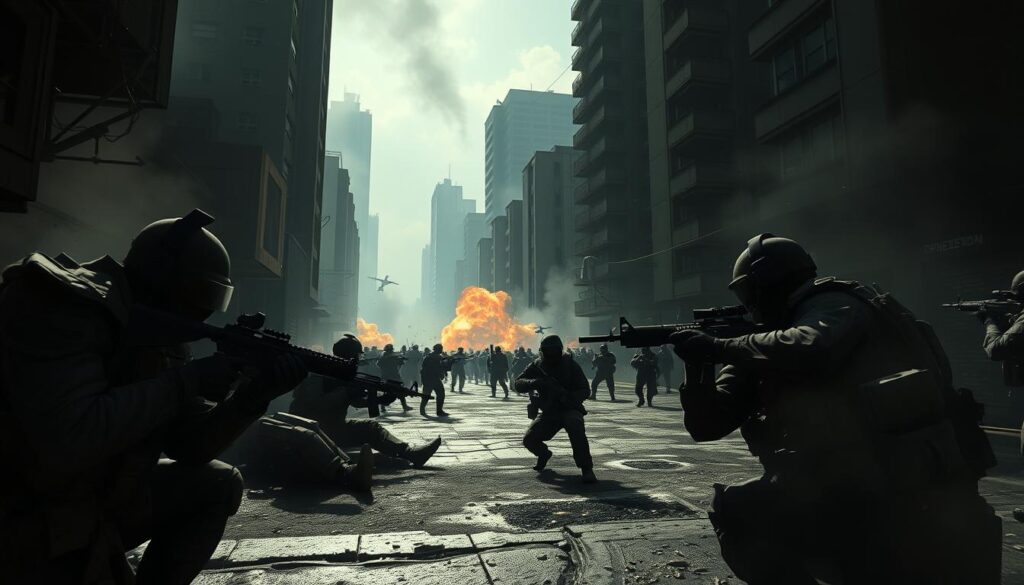Cinematic wide-angle shot of a darkened urban combat zone in Call of Duty: Warzone. In the foreground, heavily armed Tier-1 operators in tactical gear crouch behind cover, scanning the environment with assault rifles and scoped optics. In the middle ground, a chaotic firefight unfolds as squads of enemy soldiers exchange sustained bursts of automatic gunfire, explosions and billowing smoke obscuring the scene. The background reveals the imposing silhouettes of high-rise buildings, casting long shadows across the battlefield. Dramatic lighting and a gritty, high-contrast visual style convey the intensity and stakes of Warzone combat. Cinematic wide-angle shot of a darkened urban combat zone in Call of Duty: Warzone. In the foreground, heavily armed Tier-1 operators in tactical gear crouch behind cover, scanning the environment with assault rifles and scoped optics. In the middle ground, a chaotic firefight unfolds as squads of enemy soldiers exchange sustained bursts of automatic gunfire, explosions and billowing smoke obscuring the scene. The background reveals the imposing silhouettes of high-rise buildings, casting long shadows across the battlefield. Dramatic lighting and a gritty, high-contrast visual style convey the intensity and stakes of Warzone combat.