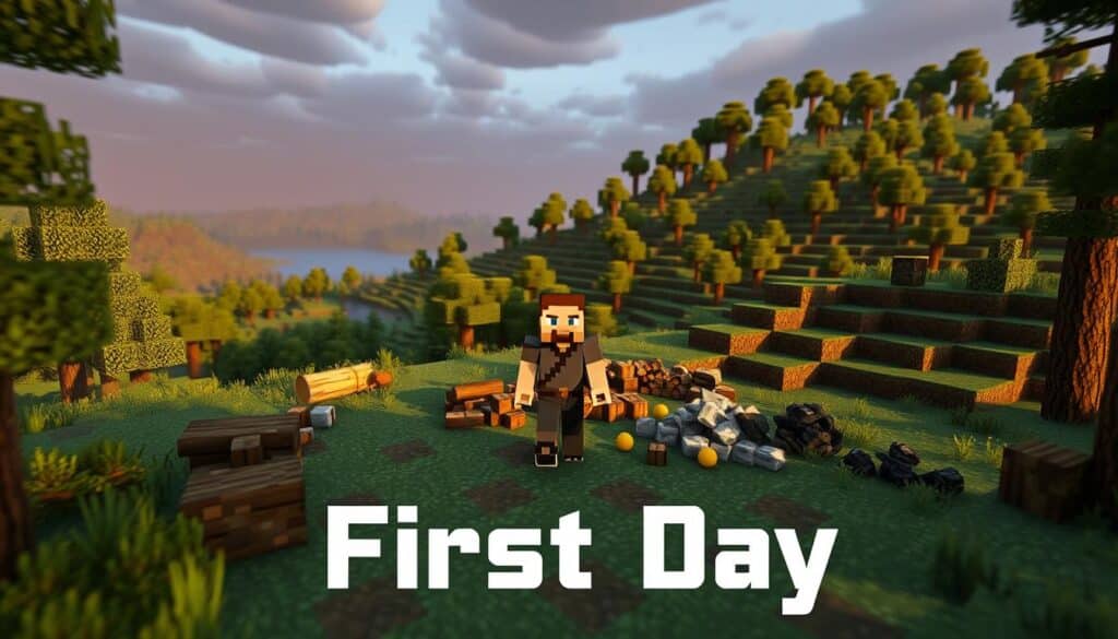 Detailed 3D scene of a Minecraft player's first day, set in a lush, naturalistic landscape. Foreground shows the player character, clad in simple starter gear, standing amidst a forest clearing. Midground features an array of essential resources like logs, stones, and coal, ready to be gathered. Background depicts a rolling hillside dotted with trees, a distant lake, and a gradually darkening sky, signaling the approach of the first night. Soft, warm lighting illuminates the scene, creating an inviting and adventure-filled atmosphere. Emphasis on the player's sense of discovery and the urgency to prepare for the oncoming darkness. Detailed 3D scene of a Minecraft player's first day, set in a lush, naturalistic landscape. Foreground shows the player character, clad in simple starter gear, standing amidst a forest clearing. Midground features an array of essential resources like logs, stones, and coal, ready to be gathered. Background depicts a rolling hillside dotted with trees, a distant lake, and a gradually darkening sky, signaling the approach of the first night. Soft, warm lighting illuminates the scene, creating an inviting and adventure-filled atmosphere. Emphasis on the player's sense of discovery and the urgency to prepare for the oncoming darkness.