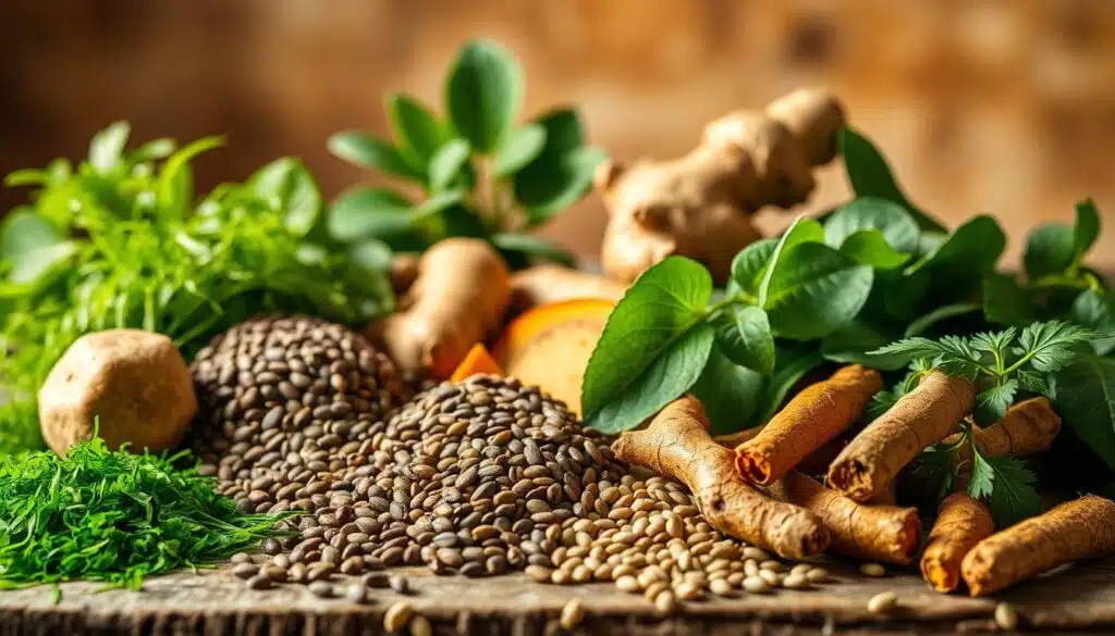 Lush, vibrant still-life of a variety of plant-based ingredients that support collagen production. In the foreground, high-detail close-ups of superfoods like spirulina, chlorella, chia seeds, and flaxseeds, artfully arranged on a rustic wooden surface. The middle ground features larger whole ingredients like moringa leaves, ginger root, and turmeric rhizomes, bathed in warm, natural lighting. The background has a soft, blurred organic texture, hinting at a bountiful garden setting. The overall mood is one of health, vitality, and the power of plant-based nutrients to nourish the skin from within.