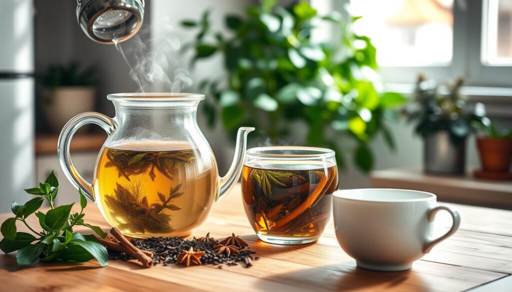 Prompt A serene kitchen scene, with soft, diffused natural lighting illuminating a wooden table. On the table, a transparent glass teapot filled with steaming herbal tea, surrounded by fresh tea leaves, aromatic spices, and a ceramic tea cup. In the background, lush, verdant potted plants add a calming, wellness-focused ambiance. The overall composition conveys a sense of tranquility and the health benefits of brewing and consuming nourishing, skin-rejuvenating teas.