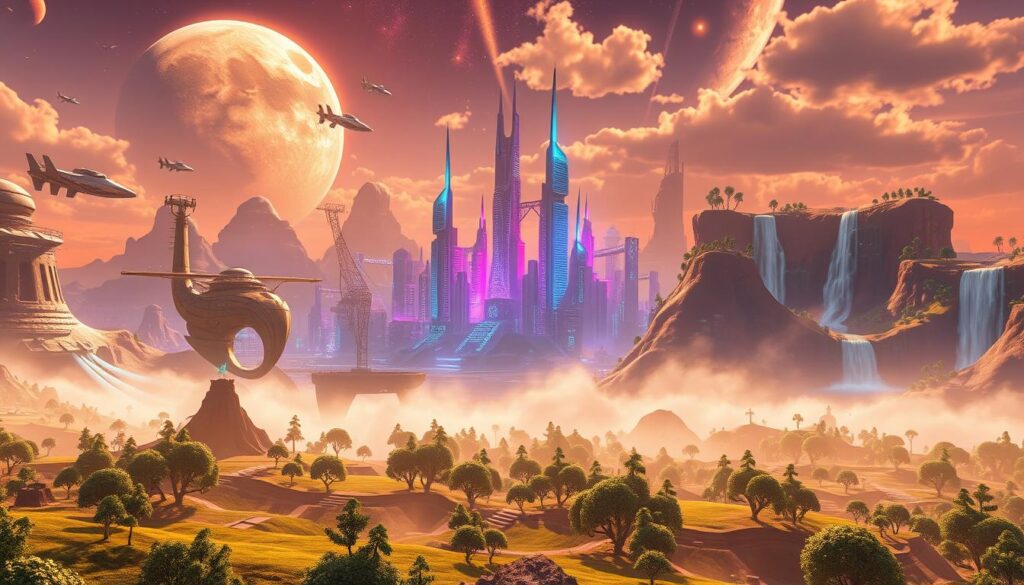 Sprawling virtual landscapes teeming with imagination, where new Roblox genres emerge in 2025. In the foreground, a fantastical realm of cosmic adventure, with whimsical spaceships and alien civilizations. In the middle ground, a futuristic city thrumming with cyberpunk energy, neon-drenched skyscrapers and holographic interfaces. The background reveals a tranquil, nature-inspired world, with lush forests, cascading waterfalls, and serene wildlife. Dramatic lighting casts an otherworldly glow, as if the scenes were observed through a high-resolution lens. The mood is one of boundless creativity and technological innovation, hinting at the endless possibilities that await players in the Roblox metaverse of the future. Sprawling virtual landscapes teeming with imagination, where new Roblox genres emerge in 2025. In the foreground, a fantastical realm of cosmic adventure, with whimsical spaceships and alien civilizations. In the middle ground, a futuristic city thrumming with cyberpunk energy, neon-drenched skyscrapers and holographic interfaces. The background reveals a tranquil, nature-inspired world, with lush forests, cascading waterfalls, and serene wildlife. Dramatic lighting casts an otherworldly glow, as if the scenes were observed through a high-resolution lens. The mood is one of boundless creativity and technological innovation, hinting at the endless possibilities that await players in the Roblox metaverse of the future.