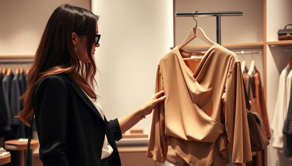 A chic woman browsing a high-end boutique, examining an asymmetrical blouse with a draped neckline and an uneven hem. The lighting is soft and diffused, highlighting the flowing lines and textural details of the garment. In the background, a minimal display of complementary accessories, like a pair of geometric earrings and a structured shoulder bag, offers stylish coordination. The overall mood is one of effortless sophistication, inviting the viewer to explore the possibilities of asymmetrical fashion. A chic woman browsing a high-end boutique, examining an asymmetrical blouse with a draped neckline and an uneven hem. The lighting is soft and diffused, highlighting the flowing lines and textural details of the garment. In the background, a minimal display of complementary accessories, like a pair of geometric earrings and a structured shoulder bag, offers stylish coordination. The overall mood is one of effortless sophistication, inviting the viewer to explore the possibilities of asymmetrical fashion.