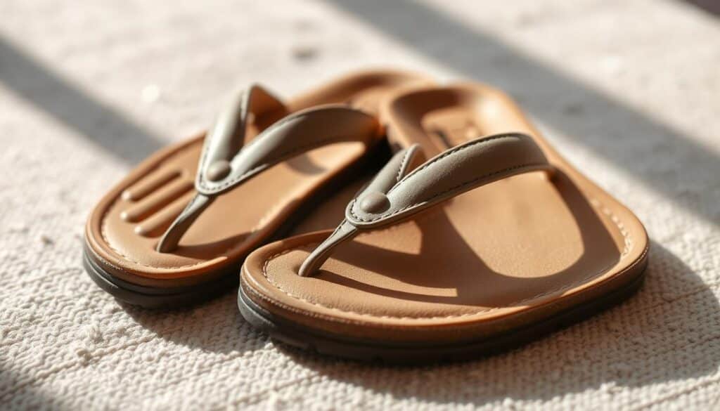 A close-up view of a pair of comfortable thong sandals, showcasing their key design features. The sandals are positioned on a soft, textured surface, allowing the viewer to focus on the intricate details. Subtle lighting from the side casts gentle shadows, highlighting the contours and materials used. The sandals feature a smooth, cushioned footbed for maximum comfort, complemented by adjustable, supple straps that gently cradle the foot. The soles exhibit a flexible, non-slip tread pattern, ensuring stability and traction on various surfaces. The overall composition conveys a sense of simplicity, quality, and the effortless appeal that makes thong sandals a summer wardrobe staple. A close-up view of a pair of comfortable thong sandals, showcasing their key design features. The sandals are positioned on a soft, textured surface, allowing the viewer to focus on the intricate details. Subtle lighting from the side casts gentle shadows, highlighting the contours and materials used. The sandals feature a smooth, cushioned footbed for maximum comfort, complemented by adjustable, supple straps that gently cradle the foot. The soles exhibit a flexible, non-slip tread pattern, ensuring stability and traction on various surfaces. The overall composition conveys a sense of simplicity, quality, and the effortless appeal that makes thong sandals a summer wardrobe staple.