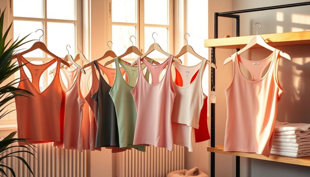 A cozy, well-lit home gym setting with a lineup of stylish, form-fitting workout tops in an array of pastel hues and modern athletic silhouettes. The tops feature breathable, moisture-wicking fabrics, discreet branding, and flattering design elements like ruching, mesh panels, and subtle color-blocking. The tops are displayed on hangers or neatly folded on a minimalist wooden shelf, creating a visually appealing and inspirational composition. Warm, natural lighting from large windows casts a soft, inviting glow, highlighting the sleek, elevated athleisure aesthetic. The overall mood is one of casual sophistication, encouraging the viewer to feel confident and comfortable in their workout attire.