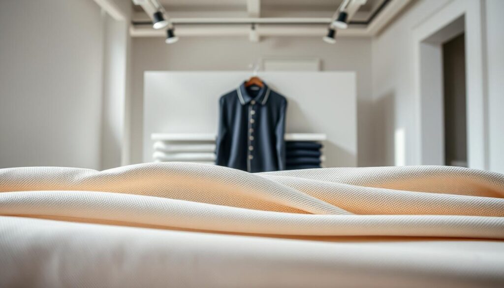A detailed fabric guide for polo shirts, showcasing various textures and weaves. In the foreground, a carefully curated collection of polo fabrics, ranging from crisp cotton piques to soft, breathable linens. The middle ground features a neatly arranged display, allowing for close inspection of the fabric qualities, with subtle highlights illuminating the sheen and drape. The background depicts a minimalist studio setting, with clean white walls and diffused, natural lighting, creating a serene and professional atmosphere. The overall composition conveys a sense of refined elegance, guiding the viewer through the essential considerations for choosing the perfect polo fabric and fit. A detailed fabric guide for polo shirts, showcasing various textures and weaves. In the foreground, a carefully curated collection of polo fabrics, ranging from crisp cotton piques to soft, breathable linens. The middle ground features a neatly arranged display, allowing for close inspection of the fabric qualities, with subtle highlights illuminating the sheen and drape. The background depicts a minimalist studio setting, with clean white walls and diffused, natural lighting, creating a serene and professional atmosphere. The overall composition conveys a sense of refined elegance, guiding the viewer through the essential considerations for choosing the perfect polo fabric and fit.