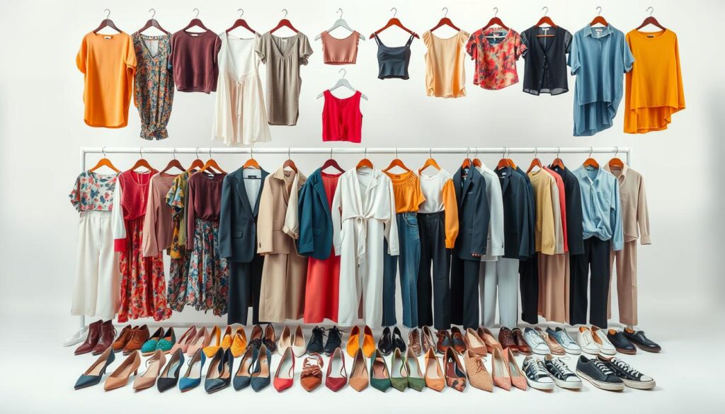 A diverse array of apparel items arranged in a visually striking composition. In the foreground, a vibrant selection of clothing styles including casual tops, flowing dresses, structured blazers, and tailored slacks, showcasing a range of colors, patterns, and textures. In the middle ground, an array of footwear options from sleek heels to comfortable sneakers, creating a sense of balance and contrast. The background features a clean, minimalist setting with soft, diffused lighting, allowing the clothing to take center stage. The overall scene conveys a sense of abundance, sophistication, and visual interest, reflecting the breadth of options available on the e-commerce platforms. A diverse array of apparel items arranged in a visually striking composition. In the foreground, a vibrant selection of clothing styles including casual tops, flowing dresses, structured blazers, and tailored slacks, showcasing a range of colors, patterns, and textures. In the middle ground, an array of footwear options from sleek heels to comfortable sneakers, creating a sense of balance and contrast. The background features a clean, minimalist setting with soft, diffused lighting, allowing the clothing to take center stage. The overall scene conveys a sense of abundance, sophistication, and visual interest, reflecting the breadth of options available on the e-commerce platforms.