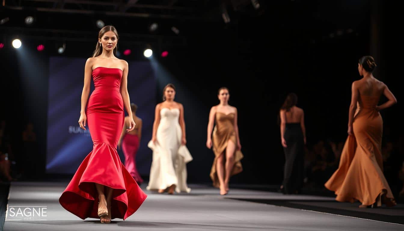 A glamorous runway showcasing the latest strapless dress designs. In the foreground, a confident model struts down the catwalk, wearing a sleek, form-fitting strapless gown with a dramatic flared skirt in a rich, vibrant color. The middle ground features additional models in a variety of strapless styles, from structured bodices to flowing, asymmetrical silhouettes. The background is a dimly lit, high-end fashion show setting, with spotlights illuminating the stage and creating a moody, theatrical atmosphere. The lighting casts dramatic shadows and highlights the elegant lines and details of the dresses, elevating the overall sophisticated and stylish ambiance.