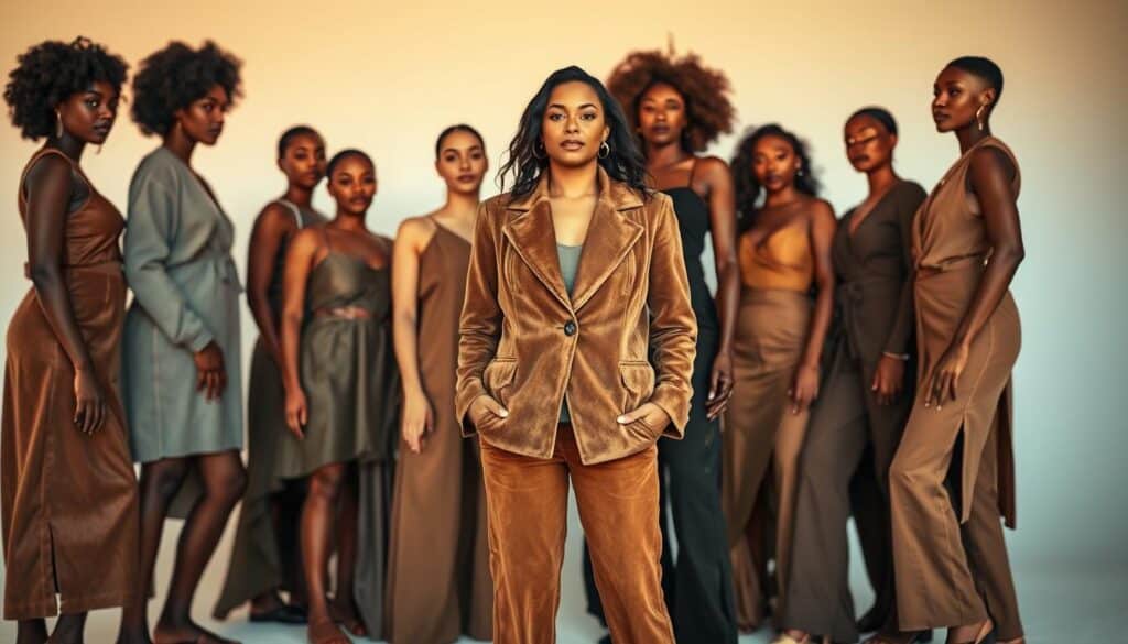A harmonious arrangement of diverse female body types, each accentuated by the soft, luxurious textures of suede. A central figure, confident and poised, showcases a tailored suede jacket that flatters her curves. Surrounding her, a diverse ensemble of models in suede dresses, skirts, and pants, each showcasing how the fabric can be styled to flatter various shapes and sizes. Warm, natural lighting casts a gentle glow, highlighting the supple nature of the suede. The background is a serene, minimalist setting, allowing the focus to remain on the elegant, boho-chic styling. An image that celebrates the versatility of suede in creating a cohesive, inclusive, and visually striking fashion narrative. A harmonious arrangement of diverse female body types, each accentuated by the soft, luxurious textures of suede. A central figure, confident and poised, showcases a tailored suede jacket that flatters her curves. Surrounding her, a diverse ensemble of models in suede dresses, skirts, and pants, each showcasing how the fabric can be styled to flatter various shapes and sizes. Warm, natural lighting casts a gentle glow, highlighting the supple nature of the suede. The background is a serene, minimalist setting, allowing the focus to remain on the elegant, boho-chic styling. An image that celebrates the versatility of suede in creating a cohesive, inclusive, and visually striking fashion narrative.