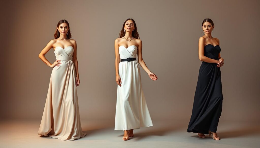A high fashion photoshoot of three models posing gracefully in strapless dresses on a minimalist studio set. The dresses are elegantly draped, featuring a variety of styles - floor-length, mid-calf, and knee-length. The models accessorize with delicate jewelry, statement necklaces, and cinched waist belts. Warm, soft lighting from the sides and above accentuates the models' features and the flowing fabrics. The background is a neutral, muted gray backdrop, allowing the dresses and accessories to be the focal point. The overall mood is one of refinement, elegance, and effortless style. A high fashion photoshoot of three models posing gracefully in strapless dresses on a minimalist studio set. The dresses are elegantly draped, featuring a variety of styles - floor-length, mid-calf, and knee-length. The models accessorize with delicate jewelry, statement necklaces, and cinched waist belts. Warm, soft lighting from the sides and above accentuates the models' features and the flowing fabrics. The background is a neutral, muted gray backdrop, allowing the dresses and accessories to be the focal point. The overall mood is one of refinement, elegance, and effortless style.