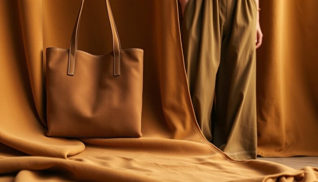 A lush, textured suede fabric in a warm, earthy tone cascades across the frame, its surface gently reflecting the warm, diffused lighting. In the foreground, the suede is carefully crafted into a sleek, minimalist tote bag, its clean lines and subtle stitching highlighting the material's sustainable provenance. The middle ground reveals a complementary pair of high-waisted trousers, their flowing lines accentuating the natural drape of the ethically-sourced suede. The background softly blurs, allowing the viewer to focus on the harmonious interplay of these sustainable suede garments, conveying a sense of timeless, bohemian chic. A lush, textured suede fabric in a warm, earthy tone cascades across the frame, its surface gently reflecting the warm, diffused lighting. In the foreground, the suede is carefully crafted into a sleek, minimalist tote bag, its clean lines and subtle stitching highlighting the material's sustainable provenance. The middle ground reveals a complementary pair of high-waisted trousers, their flowing lines accentuating the natural drape of the ethically-sourced suede. The background softly blurs, allowing the viewer to focus on the harmonious interplay of these sustainable suede garments, conveying a sense of timeless, bohemian chic.