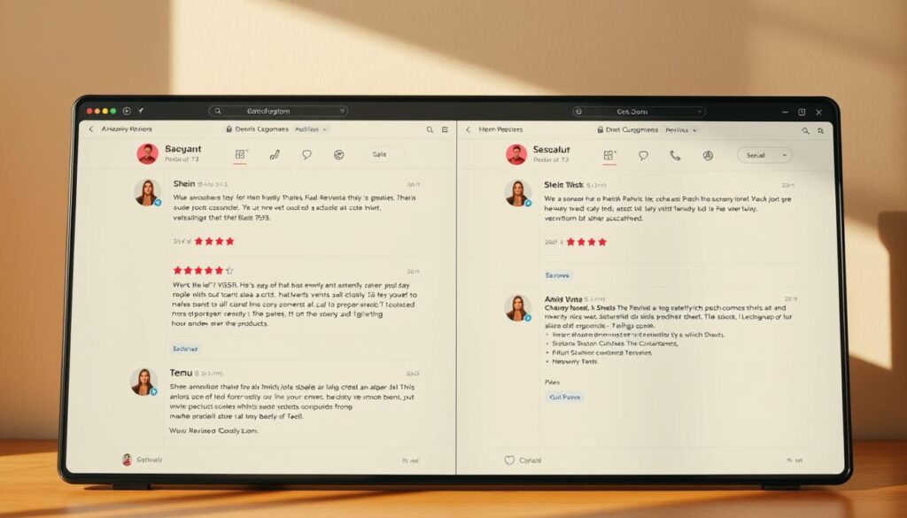 A sleek and modern-looking social media platform interface displaying a collection of genuine customer reviews for Shein and Temu products. The screen is divided into two halves, with each side showcasing a different brand's review section. The reviews are presented in a clean, easily readable format, with star ratings, user profile images, and concise testimonials. The background is a soft, neutral tone that creates a sense of professionalism and trust. Warm, natural lighting illuminates the scene, casting subtle shadows and highlights to add depth and dimensionality. The overall aesthetic conveys a sense of credibility and social proof, highlighting the products' popularity and customer satisfaction. A sleek and modern-looking social media platform interface displaying a collection of genuine customer reviews for Shein and Temu products. The screen is divided into two halves, with each side showcasing a different brand's review section. The reviews are presented in a clean, easily readable format, with star ratings, user profile images, and concise testimonials. The background is a soft, neutral tone that creates a sense of professionalism and trust. Warm, natural lighting illuminates the scene, casting subtle shadows and highlights to add depth and dimensionality. The overall aesthetic conveys a sense of credibility and social proof, highlighting the products' popularity and customer satisfaction.