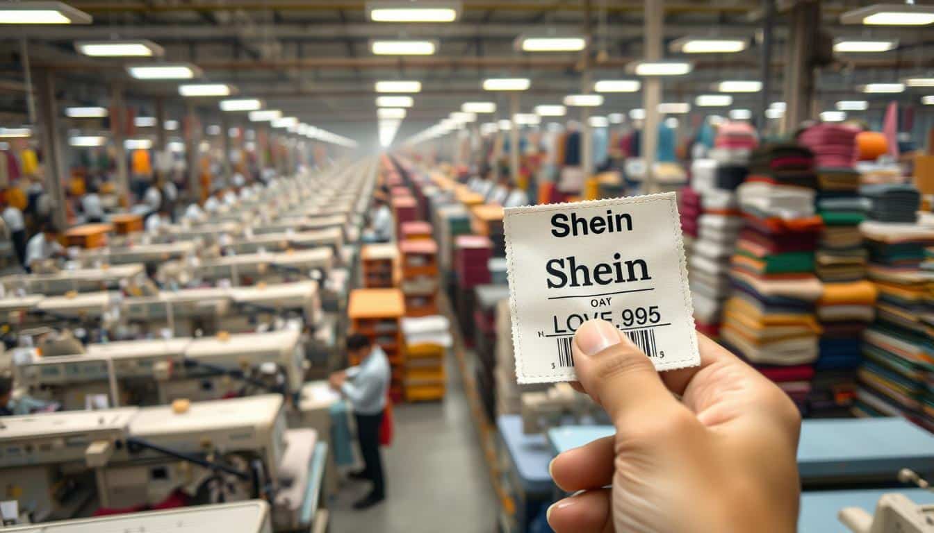 A sprawling textile factory with rows of sewing machines and workers in crisp uniforms, conveyor belts transporting piles of fabric, bolts of colorful materials stacked high. In the foreground, a closeup of a Shein garment tag revealing its low price, juxtaposed against a hand squeezing the material to examine its quality. The background is hazy, conveying a sense of efficiency and mass production. Bright, uniform lighting from overhead lamps casts an industrial glow. The overall mood is one of fast-paced, high-volume manufacturing driving down costs, raising questions about the true price of Shein's affordability.