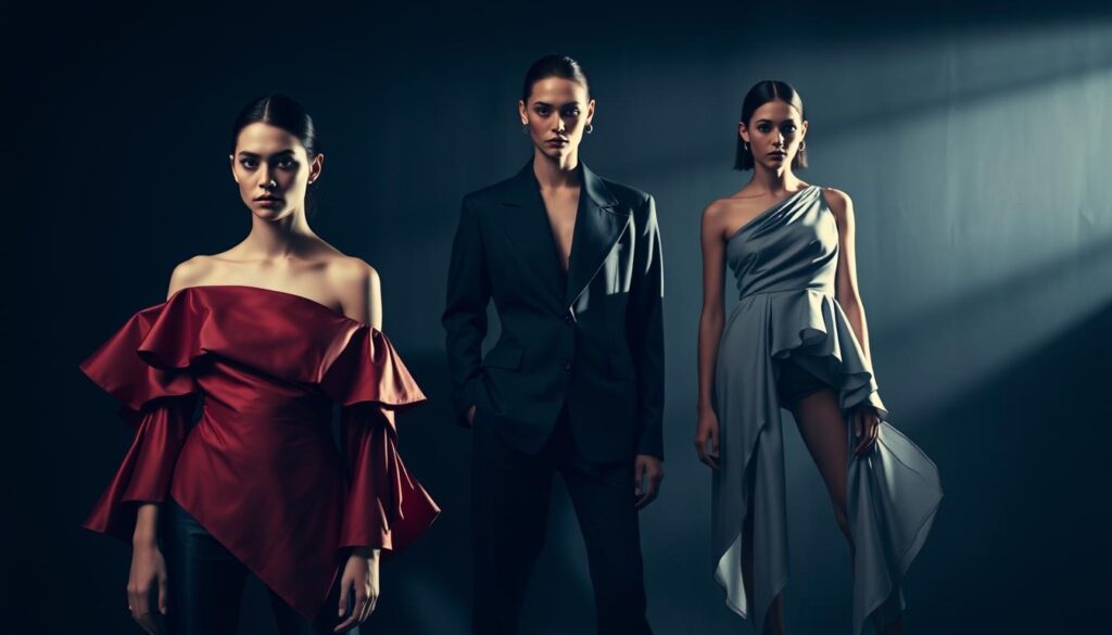 A striking display of asymmetrical tops, captured in a high-fashion editorial setting. In the foreground, an off-the-shoulder blouse with a dramatic, asymmetric neckline and flared sleeves. In the middle ground, a tailored jacket with an asymmetric front closure and sharp, angular shoulders. In the background, a flowing, one-shoulder top with an asymmetric hem that cascades gracefully. Dramatic, moody lighting casts deep shadows, highlighting the sculptural silhouettes and bold, avant-garde designs. The models strike confident, editorial poses, showcasing the unique, cutting-edge aesthetics of these asymmetrical garments. A striking display of asymmetrical tops, captured in a high-fashion editorial setting. In the foreground, an off-the-shoulder blouse with a dramatic, asymmetric neckline and flared sleeves. In the middle ground, a tailored jacket with an asymmetric front closure and sharp, angular shoulders. In the background, a flowing, one-shoulder top with an asymmetric hem that cascades gracefully. Dramatic, moody lighting casts deep shadows, highlighting the sculptural silhouettes and bold, avant-garde designs. The models strike confident, editorial poses, showcasing the unique, cutting-edge aesthetics of these asymmetrical garments.