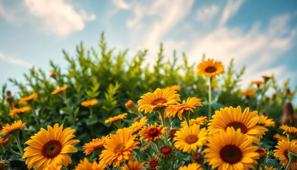 A vibrant and harmonious composition featuring a range of yellow color pairings. In the foreground, an array of vivid flowers - sunflowers, marigolds, and buttercups - burst with radiant hues, their petals gently illuminated by a warm, diffused light. In the middle ground, lush, verdant foliage in shades of olive and chartreuse provide a complementary contrast, while the background features a clear, azure sky dotted with wispy, golden-tinged clouds. The scene is captured with a shallow depth of field, drawing the viewer's eye to the center of the frame and creating a sense of depth and dimension. The overall mood is one of joyful, natural beauty, inviting the viewer to immerse themselves in the vibrant, complementary palette.