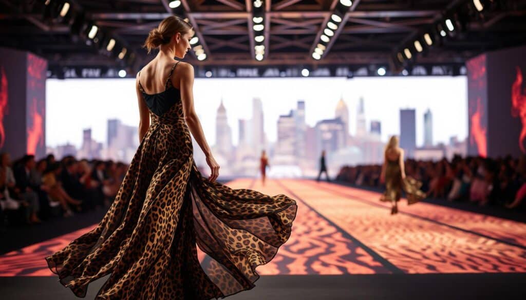 Runway animal print: A captivating fusion of wild elegance and high-fashion drama. In the foreground, a sleek leopard-print gown sways gracefully, its flowing fabric accentuating the model's confident stride. The middle ground features a dynamic backdrop of intersecting runways, illuminated by dramatic lighting that casts a warm, sultry glow. In the background, a cityscape skyline serves as a sophisticated canvas, hinting at the global influence of this timeless trend. Capture the essence of the "Influencers, Runways, and Street Style Impact" section with a sense of refined power and stylistic allure. Runway animal print: A captivating fusion of wild elegance and high-fashion drama. In the foreground, a sleek leopard-print gown sways gracefully, its flowing fabric accentuating the model's confident stride. The middle ground features a dynamic backdrop of intersecting runways, illuminated by dramatic lighting that casts a warm, sultry glow. In the background, a cityscape skyline serves as a sophisticated canvas, hinting at the global influence of this timeless trend. Capture the essence of the "Influencers, Runways, and Street Style Impact" section with a sense of refined power and stylistic allure.