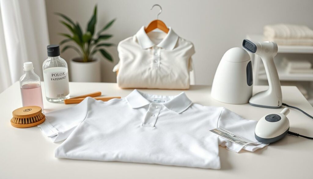 a photorealistic image of a well-organized, neatly arranged set of polo shirt care items on a clean, white tabletop. In the foreground, a pristine white polo shirt is laid flat, showcasing its high-quality fabric and tailoring. Surrounding it, various care and maintenance tools are artfully displayed, including a bottle of specialized laundry detergent, a wooden hanger, a soft-bristled clothing brush, and a travel-sized garment steamer. The middle ground features a crisp, ironed polo in a soft pastel shade, alongside a folding instruction guide. In the background, a neutral, light-filled studio setting with minimalist decor highlights the elegant simplicity of the scene. The overall mood is one of refined sophistication and attention to detail, conveying a sense of timeless elegance. a photorealistic image of a well-organized, neatly arranged set of polo shirt care items on a clean, white tabletop. In the foreground, a pristine white polo shirt is laid flat, showcasing its high-quality fabric and tailoring. Surrounding it, various care and maintenance tools are artfully displayed, including a bottle of specialized laundry detergent, a wooden hanger, a soft-bristled clothing brush, and a travel-sized garment steamer. The middle ground features a crisp, ironed polo in a soft pastel shade, alongside a folding instruction guide. In the background, a neutral, light-filled studio setting with minimalist decor highlights the elegant simplicity of the scene. The overall mood is one of refined sophistication and attention to detail, conveying a sense of timeless elegance.