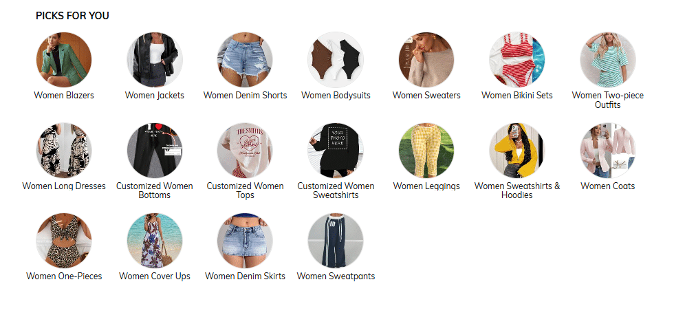 Product category menu for a women's fashion website. The image displays 18 circular icons with labels such as Women Blazers, Denim Shorts, Bikini Sets, Long Dresses, and Customized Tops, showcasing different styles and outfits.