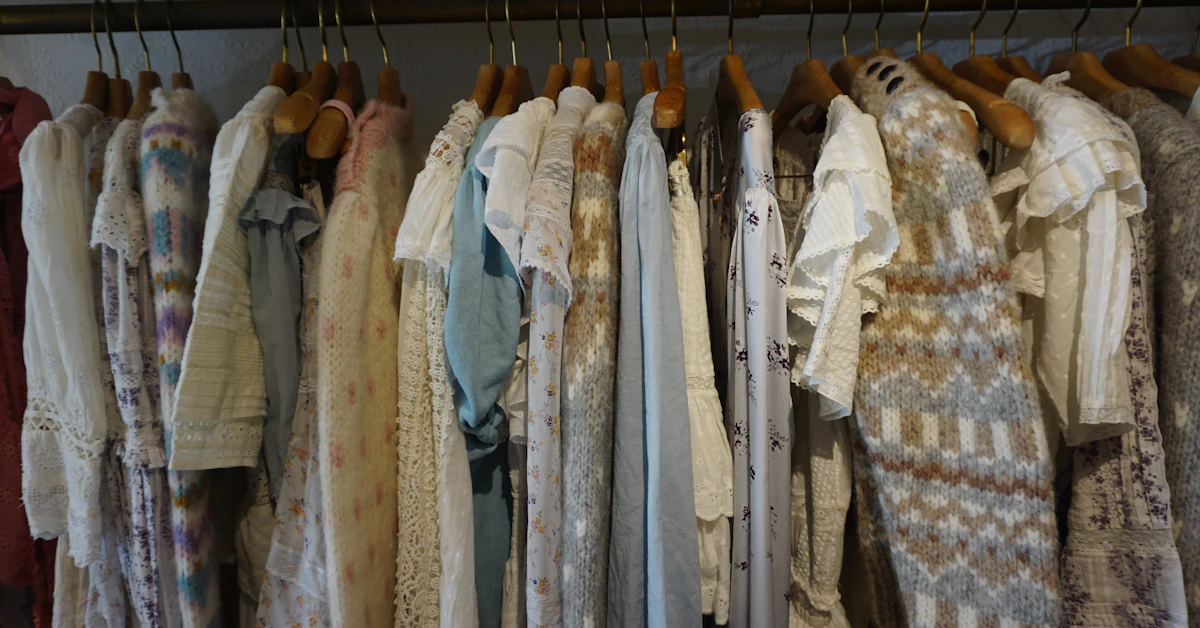 a bunch of clothes hanging on a rack